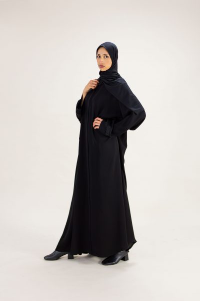 Layali premium black flowy abaya with black detailing by Arabian Garments